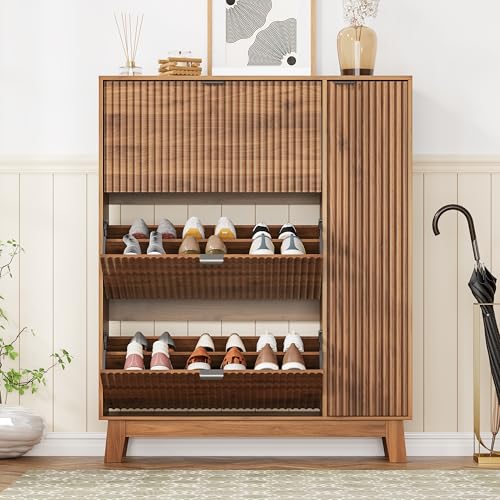 Image of Shoe Cabinet Storage for Entryway with 3 Flip Drawers & Side Cabinet, Fluted Narrow Shoe Organizer with Wooden Leg, Freestanding Shoe Storage Hidden Shoe Rack Organizer for Front Door Entrance, Walnut