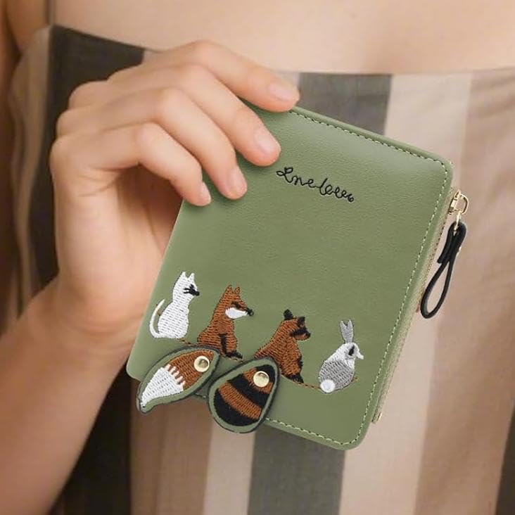 Women Wallet, PU Cute Credit Card Wallet with Zipper and Snap, Bi-fold Wallet with Embroidered Pattern for Traveling, Working(Green)