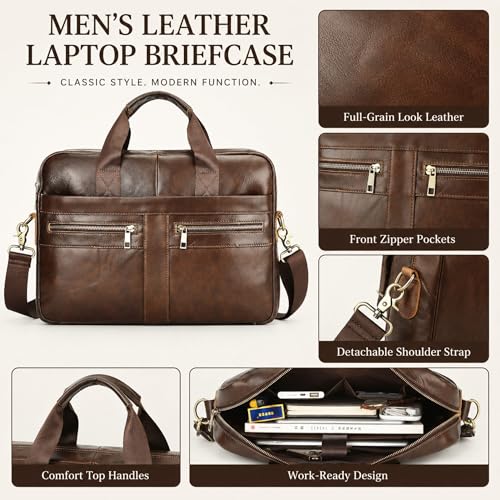 Image of Men's Leather Laptop Bag 15 IN, Water-Resistant Briefcase Messenger Bag for Work, Business, Shoulder Crossbody Office Satchel