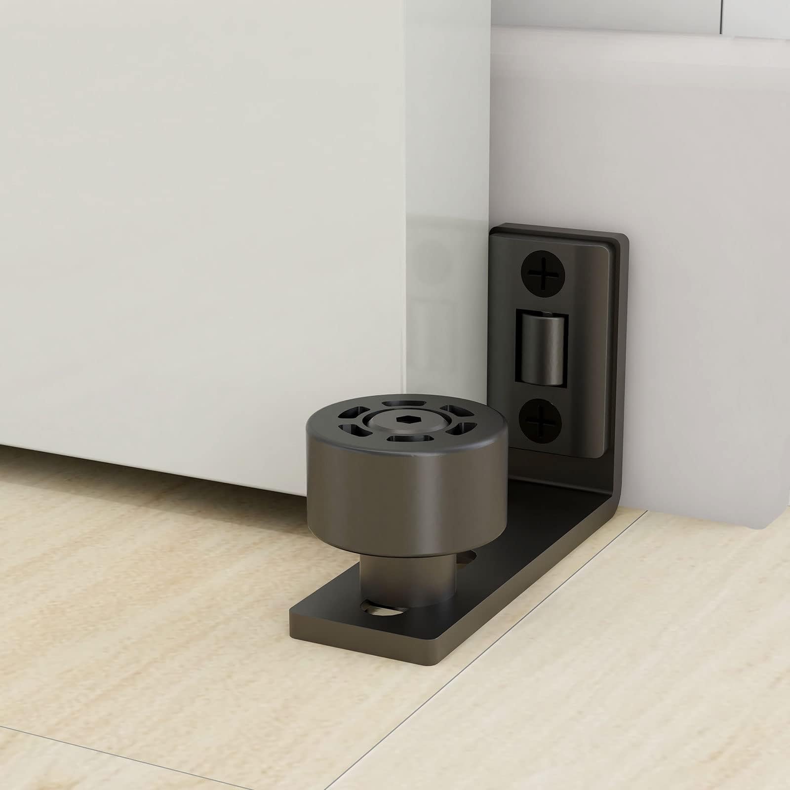 Adjustable Floor Guide for Sliding Barn Door Bottom Roller Wall Mount Double Wheel No Punching Required System, Black 1 Pack, Smoothly and Quietly, Easy to Install