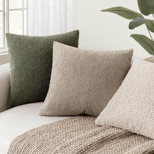 Image of Foindtower Pack of 2, Decorative Textured Boucle Throw Pillow Covers Neutral Accent Solid Pillow Cases Soft Couch Cushion Case for Chair Sofa Bedroom Living Room Home Decor 22x22 Inch Light Khaki Tan