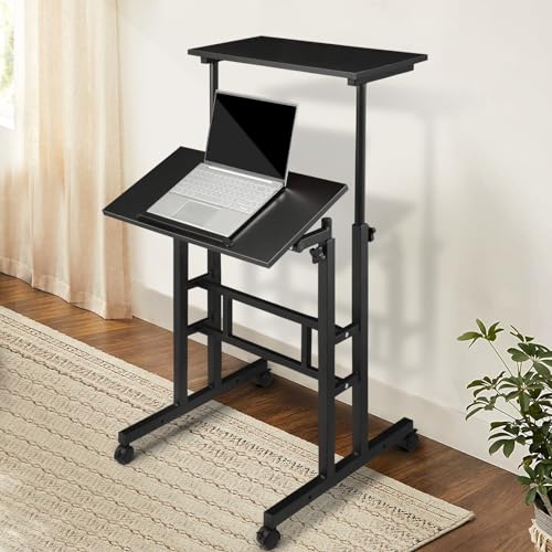 Athena Collection DS-AT-003BKBKA20 Height Adjustable Rolling Desk Mobile Portable Laptop Stand Cart Small Sit Standing Desk Computer Table Workstation thumb #1