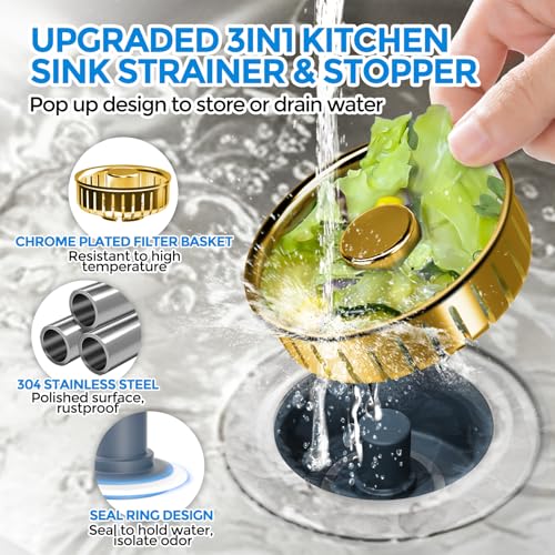Image of zaa Kitchen Sink Drain Strainer - Kitchen Sink Stopper, 304 Stainless Steel Sink Drain Stopper, Sink Protector for Kitchen with Anti-Clog Filter, Fit US Standard 3-1 /2'' Sink Drain Hole, Gold