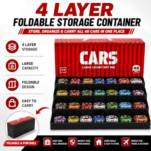 Image of Brand Conquer 48 PCS Pull Back Racing Cars Set with Foldable Storage Container & Racing Track | Mini Toy Car Collection Gift Box | Portable Carry Case | Friction Powered Cars for Boys & Girls