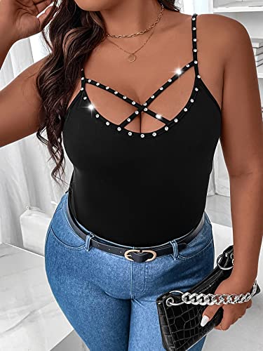 WDIRARA Women's Plus Size Rhinestone Crisscross Spaghetti Strap Cami Top2