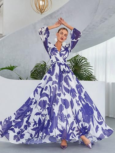 Image of TOLEEN Summer Casual Dresses for Women 2024 Spring Fashion Boho V Neck Long Sleeve Ruffle Floral Print Elegant Maxi Dress