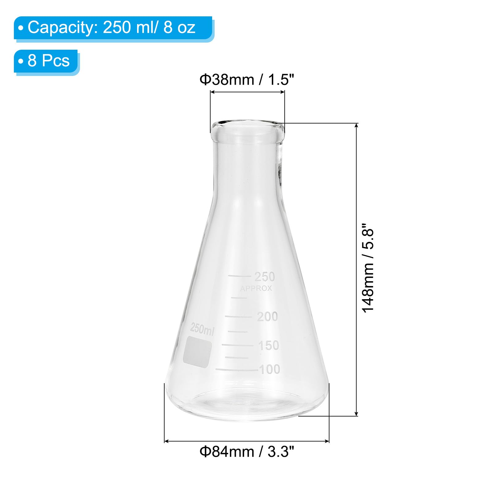 PATIKIL 8 Stück Erlenmeyerkolben 250ml 8oz Schmalhals Messkolben | Borosilicatglas, Mit Aufgedruckter Skala, Für Laborversuche Chemie Wissenschaftliche Studien