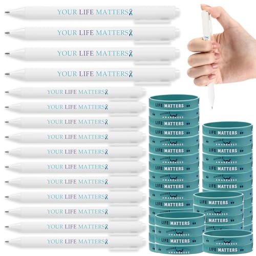 Cholemy 150 Pcs Suicide Prevention Awareness Pen with Teal Purple Ribbon Silicone Wristbands Bulk Retractable Ribbon Pen for Mental Health Care Activities Supplies Volunteer Charity Activity