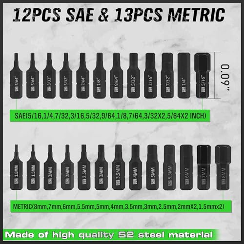 Image of SWANLAKE 26-Piece Hex Head Allen Wrench Drill Bit Set, 1 /4Hex Shank Quick Change Bit Holder, Metric and SAE S2 Steel Hex Bits Set