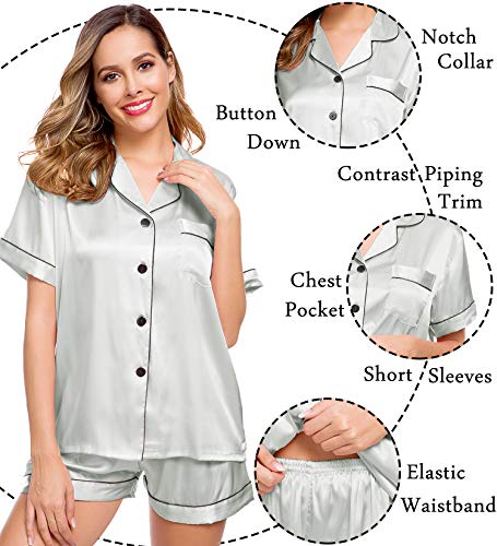 Image of LecGee Womens Silk Satin Pajamas Short Sleeve Loungewear Two-Piece Sleepwear Button-Down Pj Set