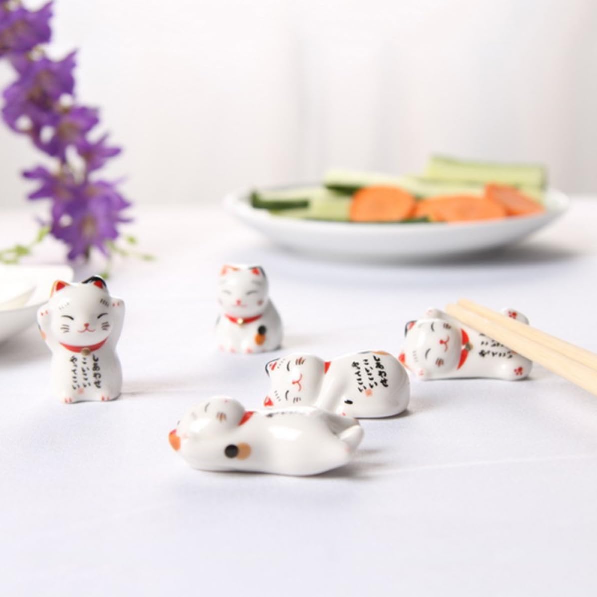 6pcs Japanese Style Ceramic Chopstick Holder Cat Shape Chopsticks Rest Pillow Set for Forks and Spoons, Easy to Clean and Keep Table Clean