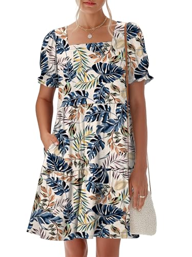 Image of ANRABESS Women Summer Square Neck Puff Short Sleeve Mini Dress 2026 Casual Flowy Sundress Beach Vacation Clothes with Pockets