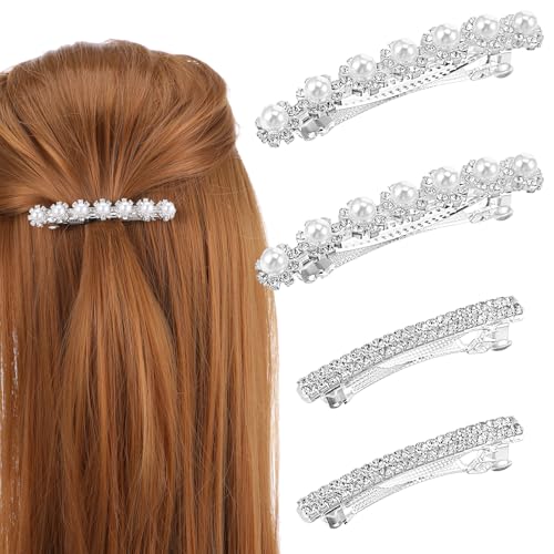 Lot de 4 barrettes à cheveux argentées scintillantes avec strass pour femme - Barrette à cheveux française vintage en cristal à paillettes - Pinces à...