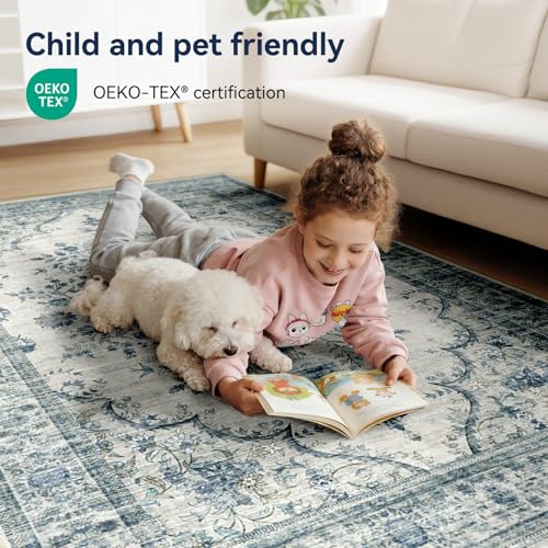 Tapis bohème rétro beige bleu 90x150cm lavable et antidérapant