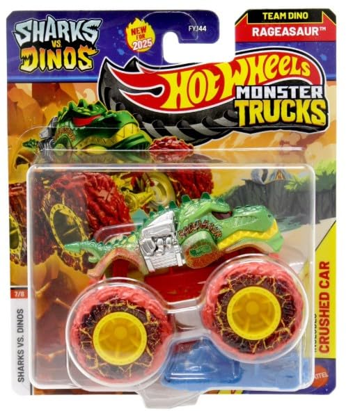 Image of Hot Wheels Monster Trucks Sharks vs Dinos, 1:64 Scale Die-Cast Vehicle Collection, 2025 Edition (7 /8 Team Dino Rageasaur Red Wheels)