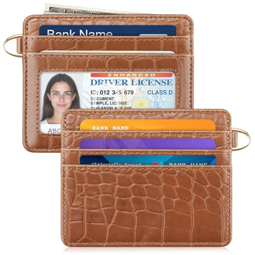 Image of Slim Credit Card Holder Crocodile Wallet Women Thin Wallets | Alligator Print RFID Blocking Minimalist Lightweight Pocket Small Cute Cards Holders ID Window, Brown Croc