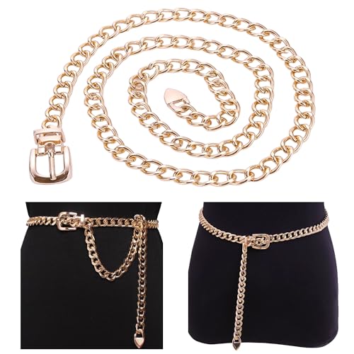 IZUS Women Gold Waist Chain Belt for Dress Pants 0.5 inch Thin Ladies Square Buckle Metal Belt Adjustable fit for 25-39in