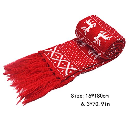 Men Women Christmas Reindeer Snowflake Dotted Knit Scarf with Tassels Winter Warm Long Scarf Wrap Red2