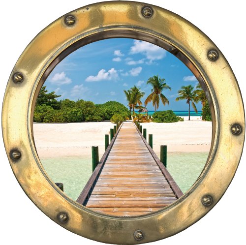 Stickers hublot trompe l'oeil Plage ponton palmier - H308 (30x30 cm)