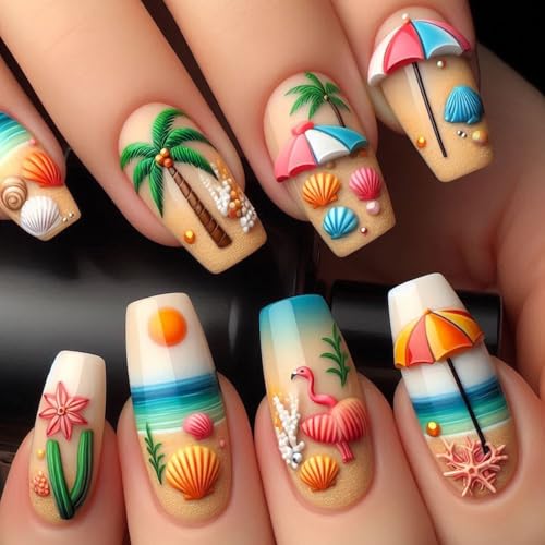 Summer Press On Nails Long Length Coffin Shape Ocean Theme False ...