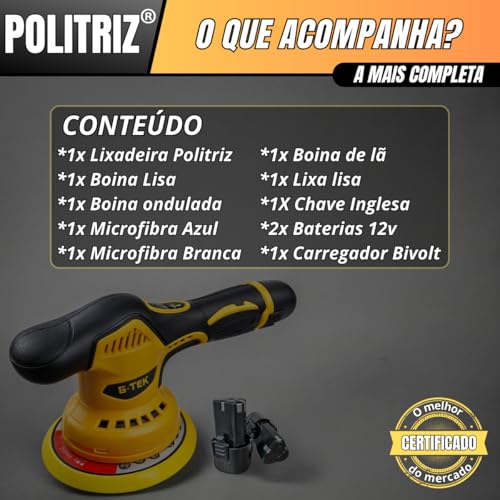 Lixadeira e Politriz Sem Fio 600W: Ferramenta Profissional 2 Baterias 12V