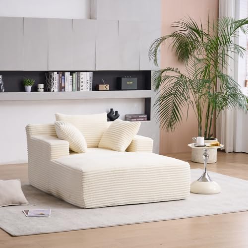 Image of Oversized Chaise Longue Chair Indoor, Upholstered Corduroy Deep Seat Sofa Bed with Throw Pillows and Armrests, Sleeper Sofa Couch for Living Room, Bedroom Apartment HD276