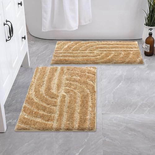 Image of Luxe Home Super Soft Microfiber Bath Mats Non-Slip TPR Backing Scotland Maze Cut Water Soak Bathroom Mat & Door Mats for Home Combo (38x58 cm) - Gold