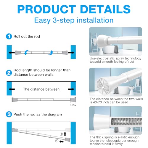 Image of MEXAU 1Pack Spring Tension Curtain Rod 44-77 inch White Small Tension Rod