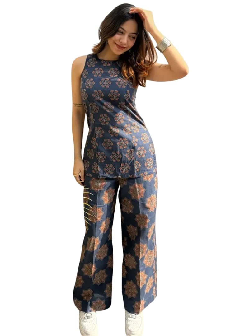 alloria Women’s Printed Co-Ord Set Sleeveless Top & Wide Leg Pants | Summer Casual Outfit | Trendy Matching Set for Women | Vacation Outfit | Indo Western Dress (IN, Alpha, XS, Regular, NAVY BLUE)-picture-30