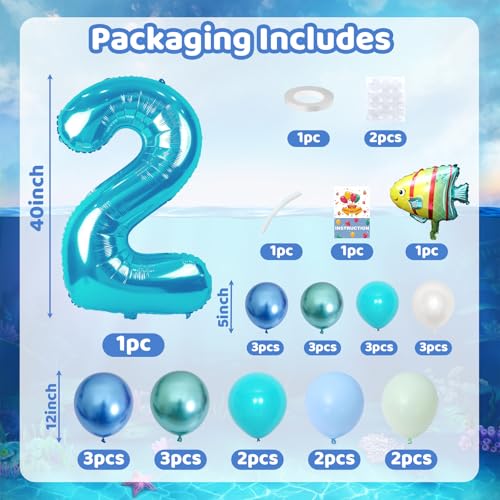 Image of Blue Number 2 Balloon 40 Inch Ocean Under the Sea Number Two Foil Balloons Tower with Shark Bubble Fish for Boys Second 2nd Birthday Party Decor Green Underwater Digital Aluminum Balloons Stack