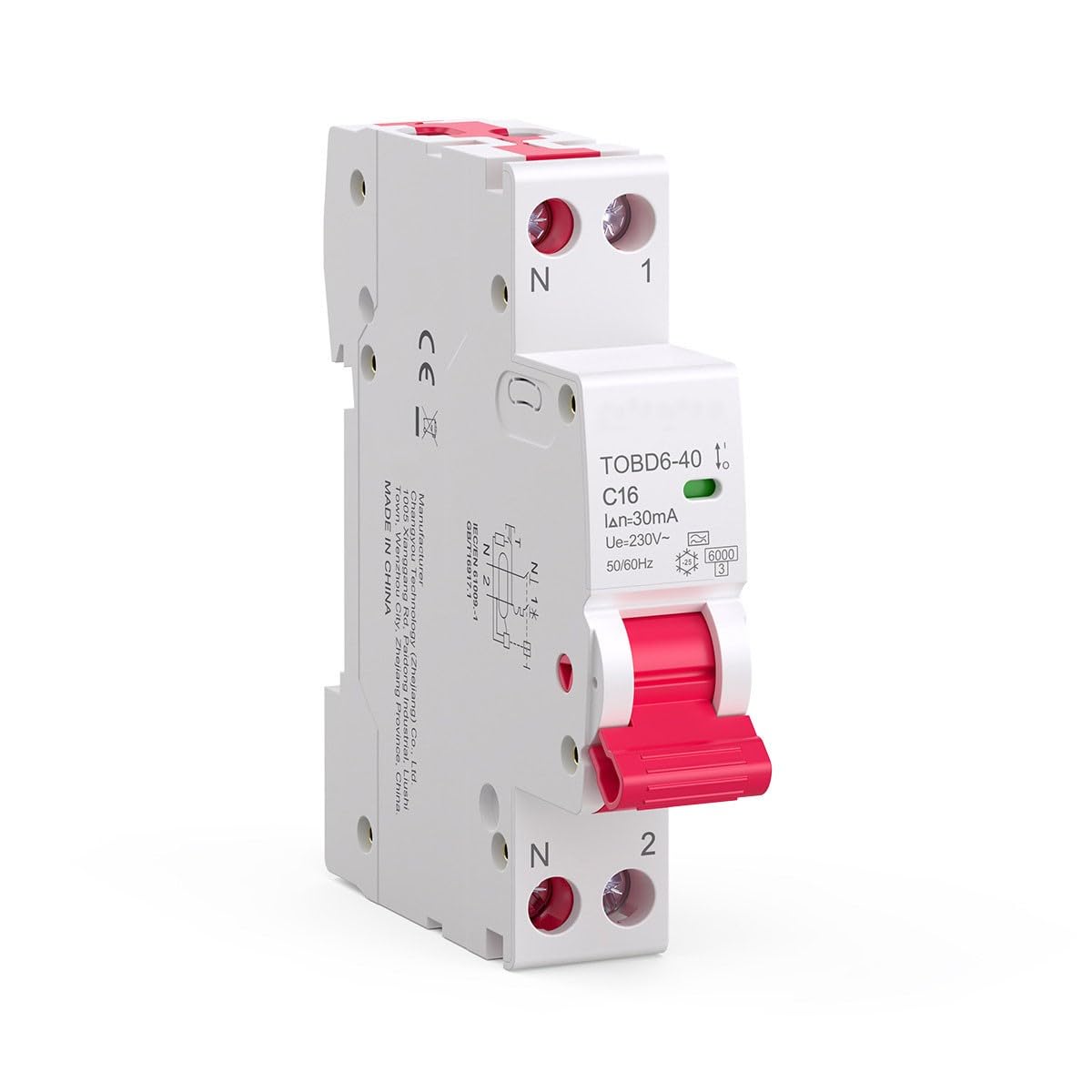 RCBO Disjoncteur différentiel 1P+N 16A 230V pour tableau électrique rail DIN