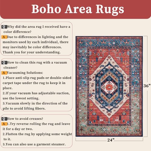 SERISSA Boho Rugs for Entryway, 2x3 Rust Entryway Rug Non-Slip Washable Small Area Rug, Ultra Soft Oriental Vintage Low-Pile Indoor Door Mat Floor Carpet for Entrance Bedroom Kitchen Bathroom