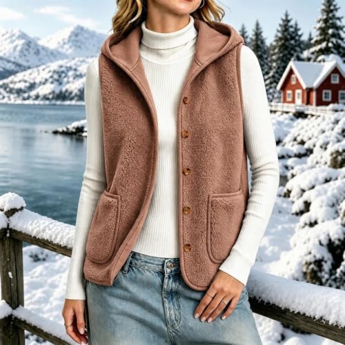 Hooded Vest Women Sherpa Button Up Sleeveless Fuzzy Jackets with Pockets - image 2