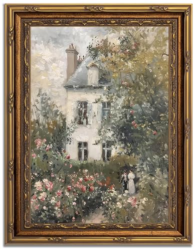 Gold Framed Vintage Floral Canvas Wall Art Rose Garden Painting Picture Wall Decor Neutral English Cottage Poster Print Artwork for Living Room Bedroom Country Home Decoration 9x11in