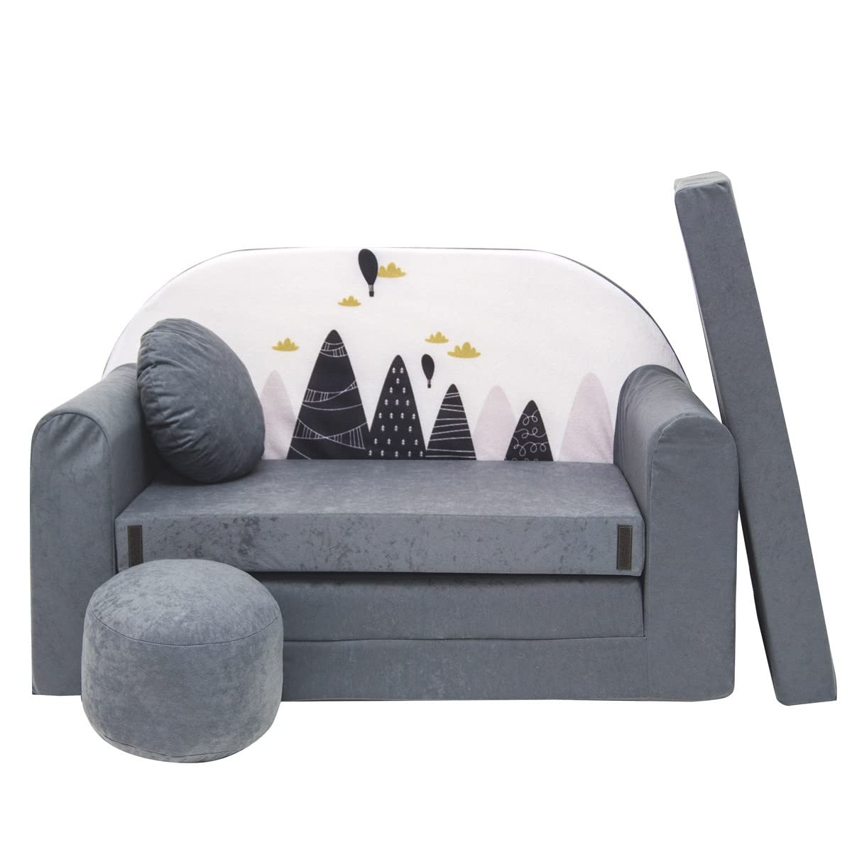 Mon Mobilier Design Nino Canapé Convertible lit pour Enfant avec Pouf et Coussin Oeko-TEX Montagnes Gris