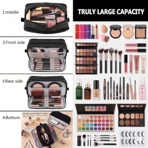 Image of Multi-Compartment Travel Makeup Organizer Bag for Women, Large Capacity Cosmetic Pouch with Multiple Zipper Compartments, Makeup Brush Holder & Mesh Pocket, Portable Toiletry Storage Bag - Black