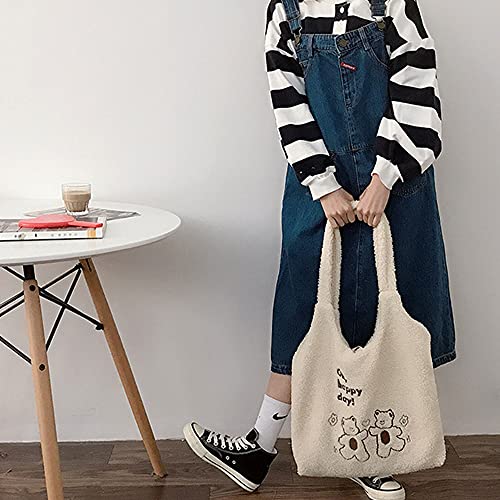 MEGAUK Women Faux Fur Tote Bag Girls Cute Bear Fluffy Shoulder Bag Plush Bag For Shopping Dating, Bear Toast White - Image 3