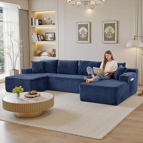 Image of 96 inch Sectional Couches for Living Room Cloud Couch Sofa with L-Shape Upholstered Boneless Couchs Modern Modular Sectional Couch with Chaise (Bule, 133 inch W+U Facing Chaise)