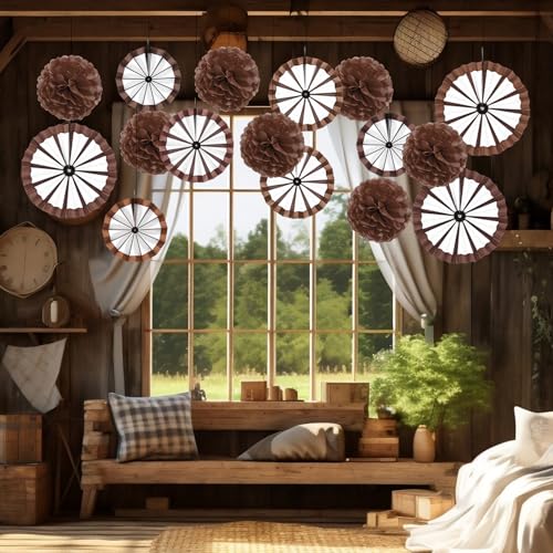 Image of Outus 21 Pcs Western Cowboy Party Decorations Paper Fans Wagon Wheels Decorations Brown Paper Pom Poms Country Western Hanging Fans Tissue Flower for Wild Cowboy Themed Birthday Party Supplies Decor