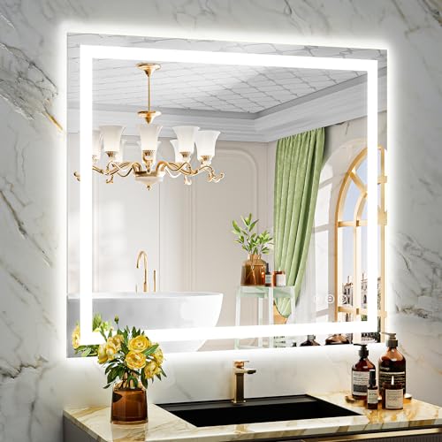 Image of 40x36 Inch LED Bathroom Mirror with Lights Front and Backlit Lighted Vanity Mirror for Bathroom Wall with 3 Colors Dimmable Anti-Fog Memory Shatter-Proof IP54 Waterproof Horizontal /Vertical