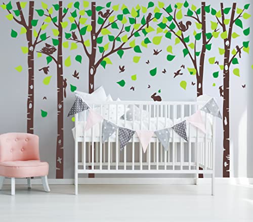5 Large Birch Tree Wall Decals Jungle Tree Wall Stickers Forest Animal Wall Stickers Owl Squirrel Rabbit Stickers For Kids Room Nursery Bedroom Living Room Classroom Wall Decoration (80", Brown,Green) #TOP2