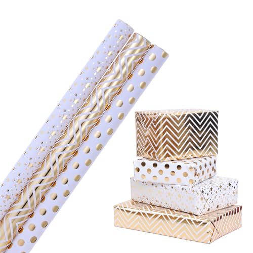 HBell Gold Wrapping Paper Roll,3 Roll Gold and White Wrapping Paper,Gold Foil Polka Dot/Stars/Wave Patterns for Birthday, Wedding,Party,Valentines,Christmas-43cm*3m Per roll