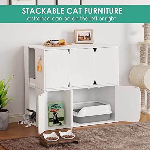 Lovinouse Cat Litter Box Enclosure Furniture, Stackable Washroom Bench With Cat Litter Catch, Indoor Cat Cabinet For Living Room (White With Storage) #TOP1