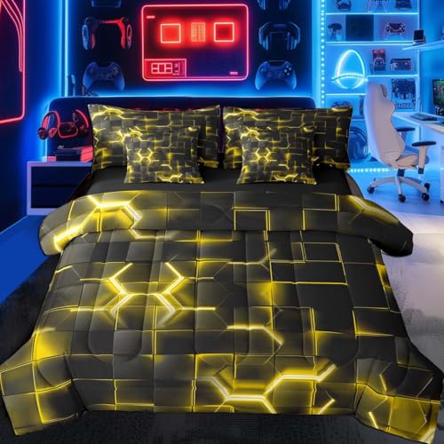 Feelyou Yellow and Black Bedding Set Full Size Honeycomb Comforter Set with Sheets 7 Piece for Kids Boys Girls Decor Geometry Hexagon Theme Bed in a Bag Geometrical Beehive Bed Set