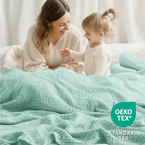 100% Cotton Muslin Blanket Queen 90" x 90", Breathable and Lightweight Cotton Throw Blankets for Bed, Soft Cooling Summer Gauze Blanket for Adults All Season, Mint
