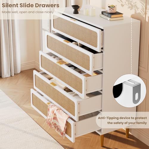 GarveeHome Rattan 5 Drawer Dressers for Bedroom, Tall Dresser with Deep Drawers, Large Chest of Drawers for Closet with Wide Top, Long Wooden Dresser for Living Room, Hallway, Kids Room, White