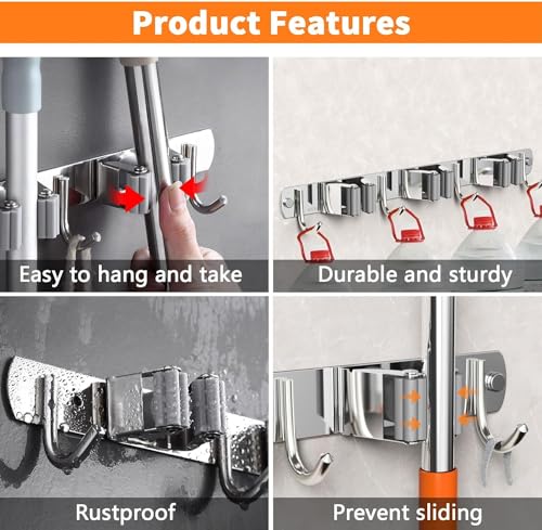 Image of Enclave Stainless Steel Mop and Broom Holder Wall Mounted Adhesive Storage Solutions for Broom mop etc, Garage Storage Systems Broom Organizer. (4 RACK 5 HOOK /SILVER, PACK OF 1)