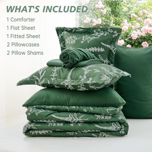 Image of MUXHOMO Oversized King Comforter Set, Dark Green Elegant Floral Print Bed in a Bag 7 Pieces, Soft & Breathable Reversible Botanical Pattern Bedding Set with Comforter, Sheets, Pillowcases & Shams