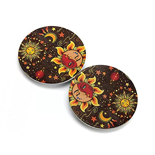 Wirester Round Foldable Pu Leather Compact Pocket Purse Makeup Mirror, Dual Sided Travel Mirror With 2X 1X Magnification - Celestial Sun Moon And Stars #TOP3