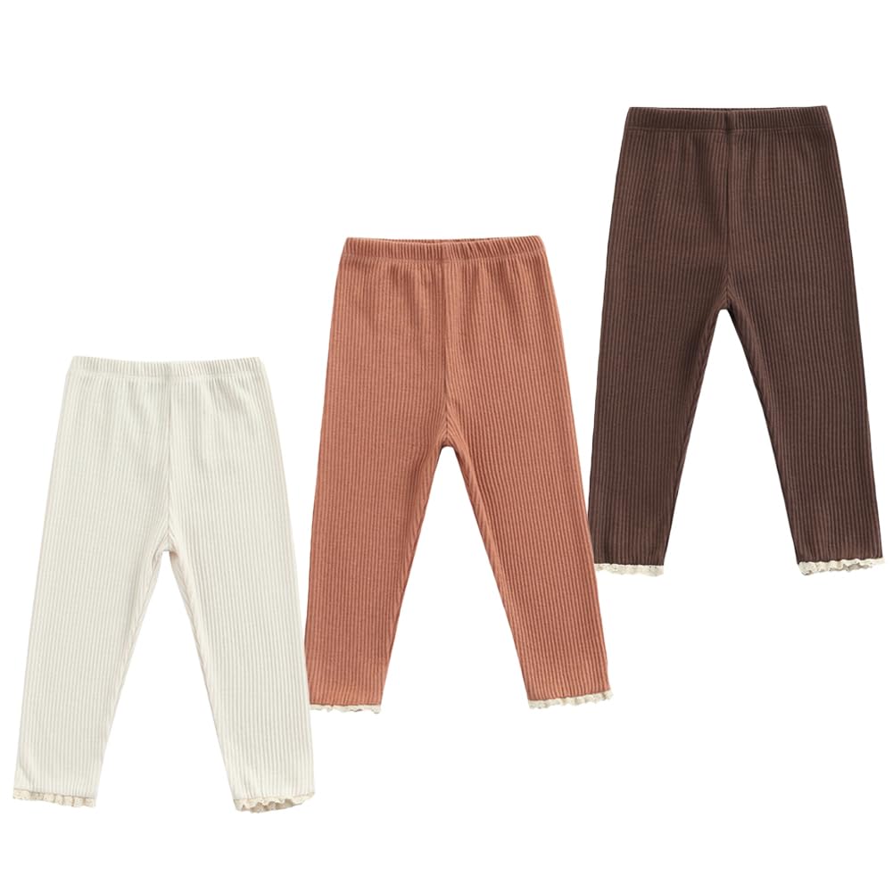 Toddler Baby Girls Leggings Ribbed Cotton Knit Lace Trim Footless Ruffle Tight Stocking Bottom Pants(Beige+Khaki+Brown,4-5 Years)